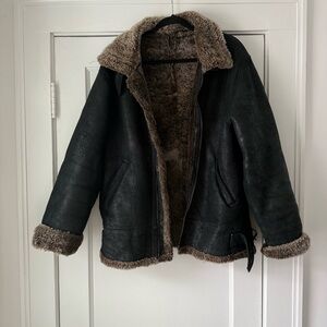 Vintage Green Black Shearling Sheepskin Jacket with Brown Lining Sz L